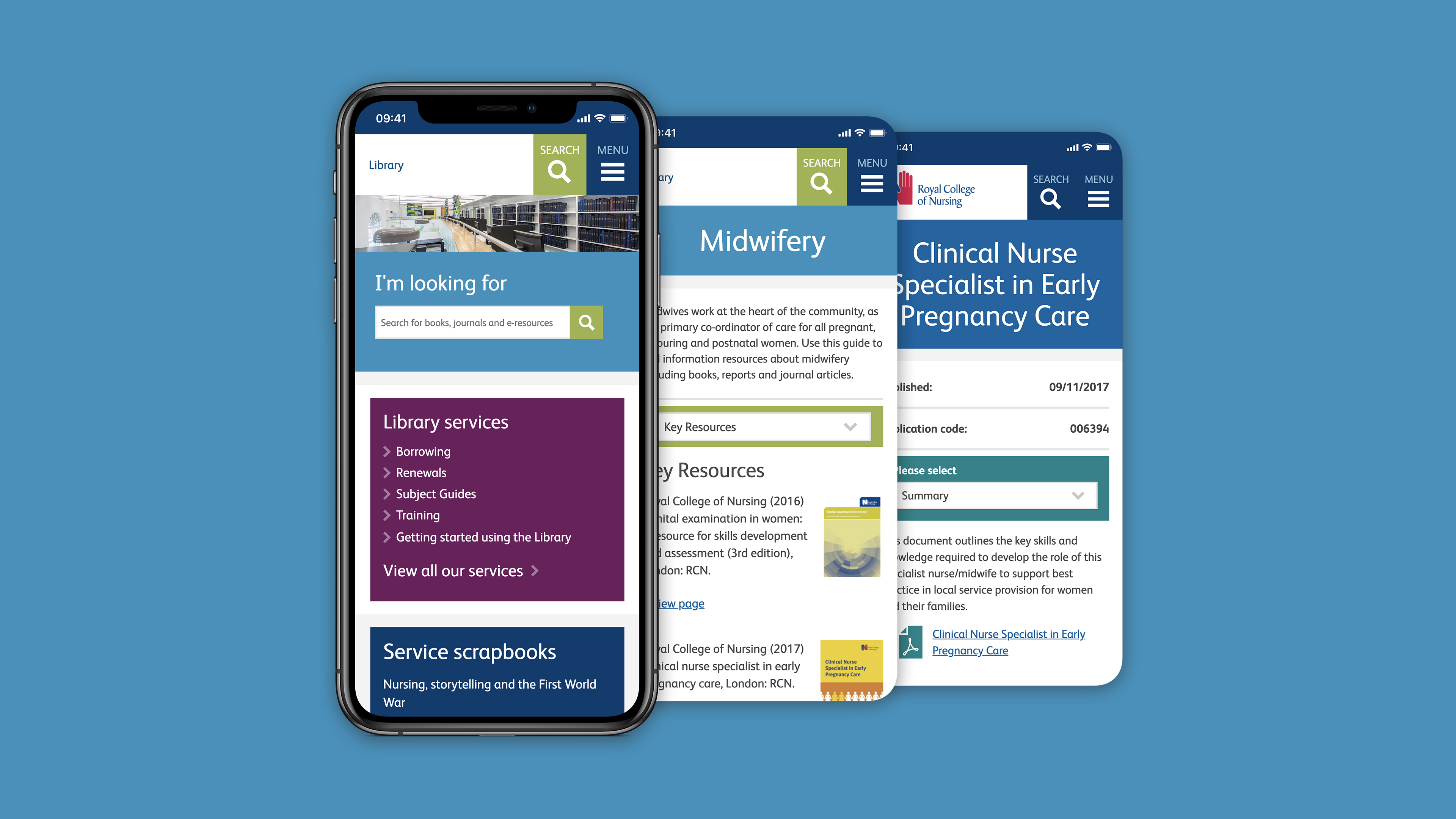 three mobile screens view for Royal College of Nursing
