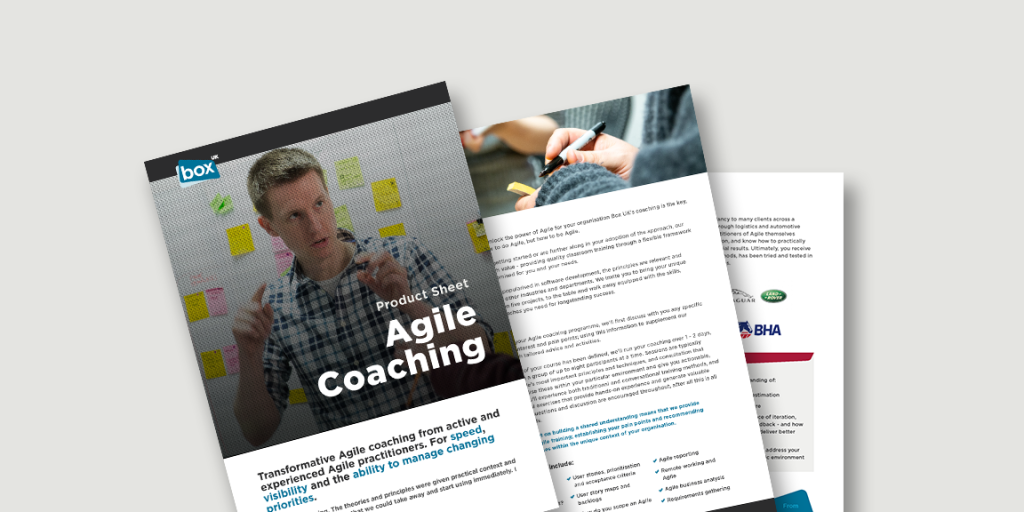 Spead showing pages from Agile Coaching product sheet