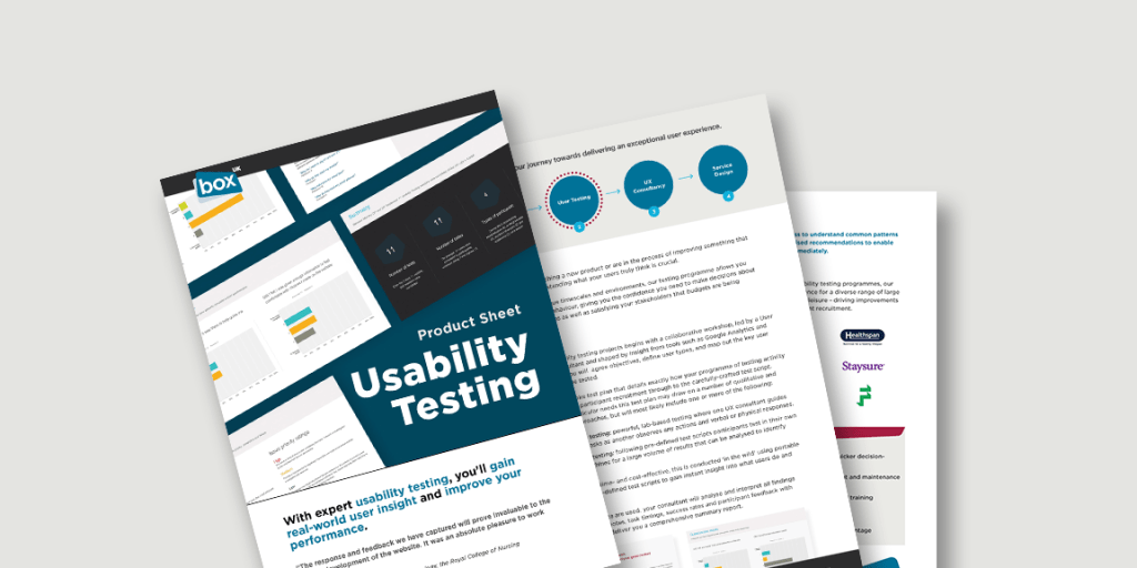 Spead showing pages from Usability Testing product sheet